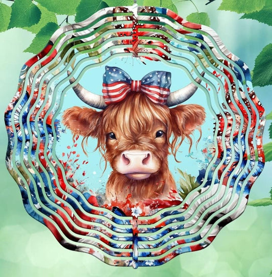 Cute Baby Highland Cow Patriotic Wind Spinner