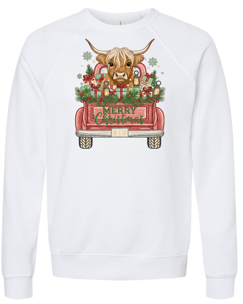 Embroidered-style Highland Cow With Red Truck