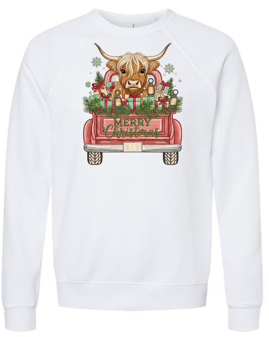 Embroidered-style Highland Cow With Red Truck