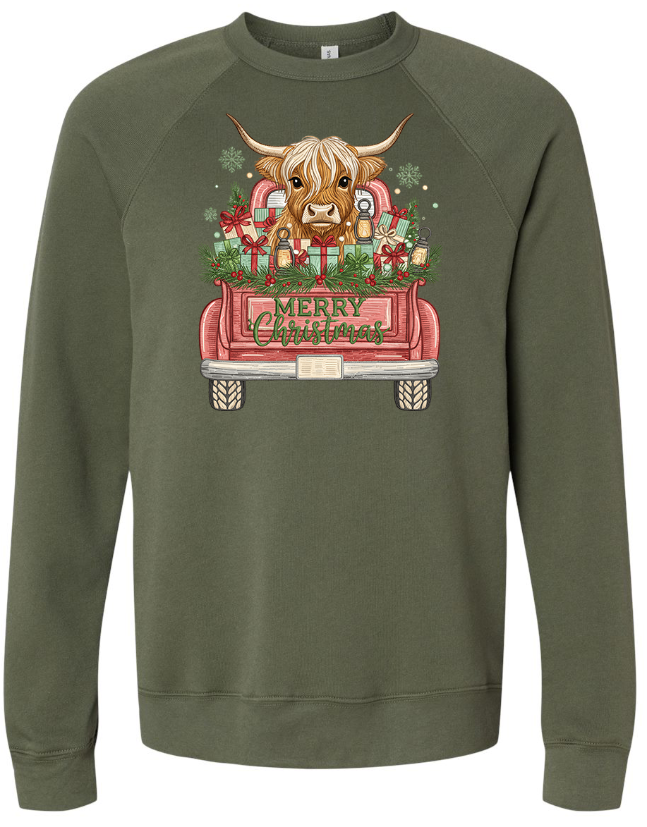 Embroidered-style Highland Cow With Red Truck