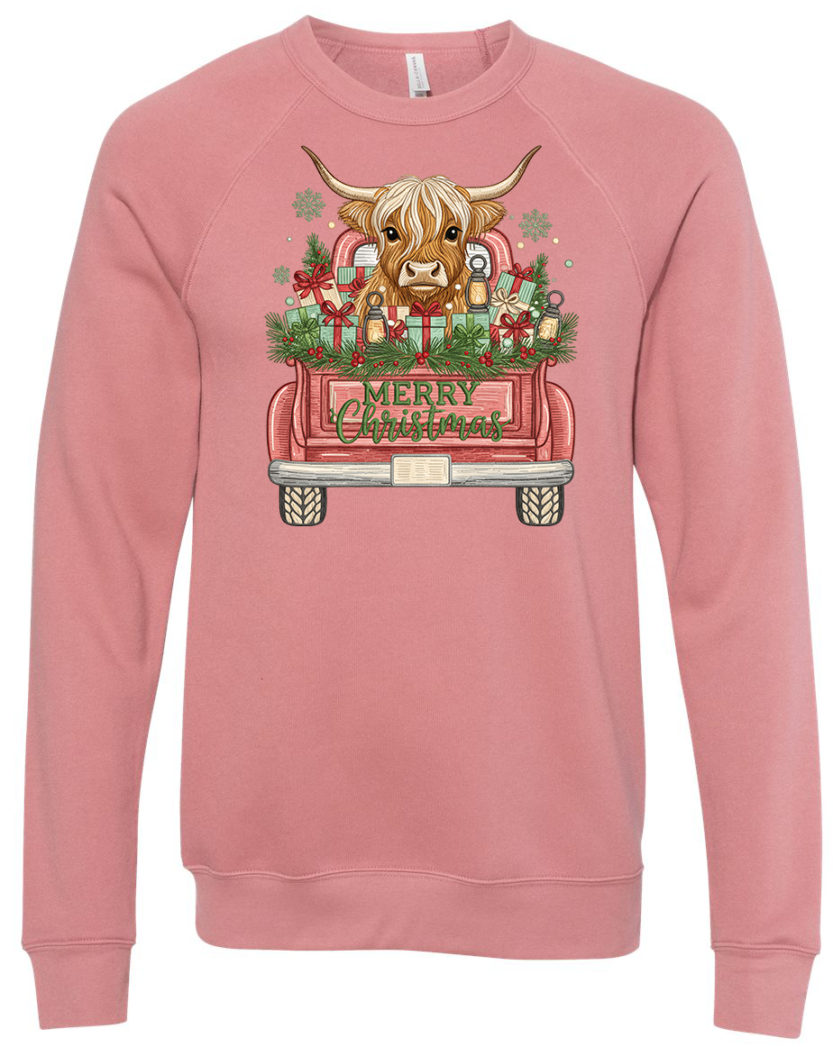 Embroidered-style Highland Cow With Red Truck