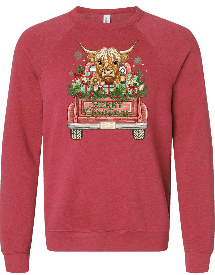 Embroidered-style Highland Cow With Red Truck