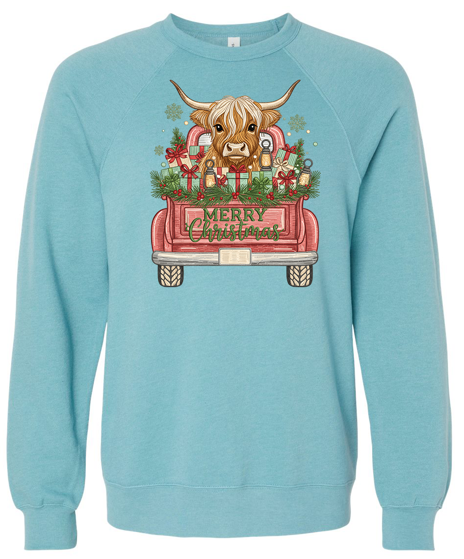 Embroidered-style Highland Cow With Red Truck