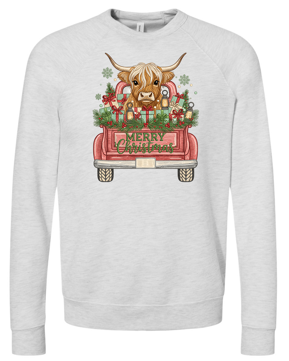 Embroidered-style Highland Cow With Red Truck