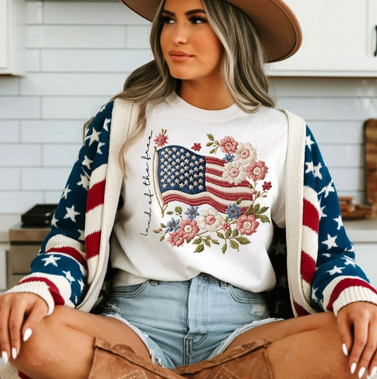 Land Of The Free Faux Embroidery Printed Shirt
