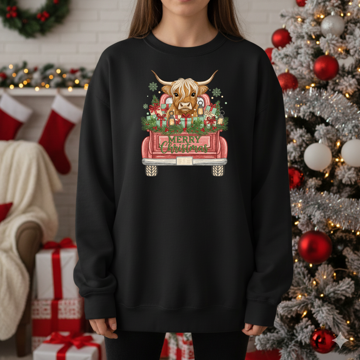 Embroidered-style Highland Cow With Red Truck